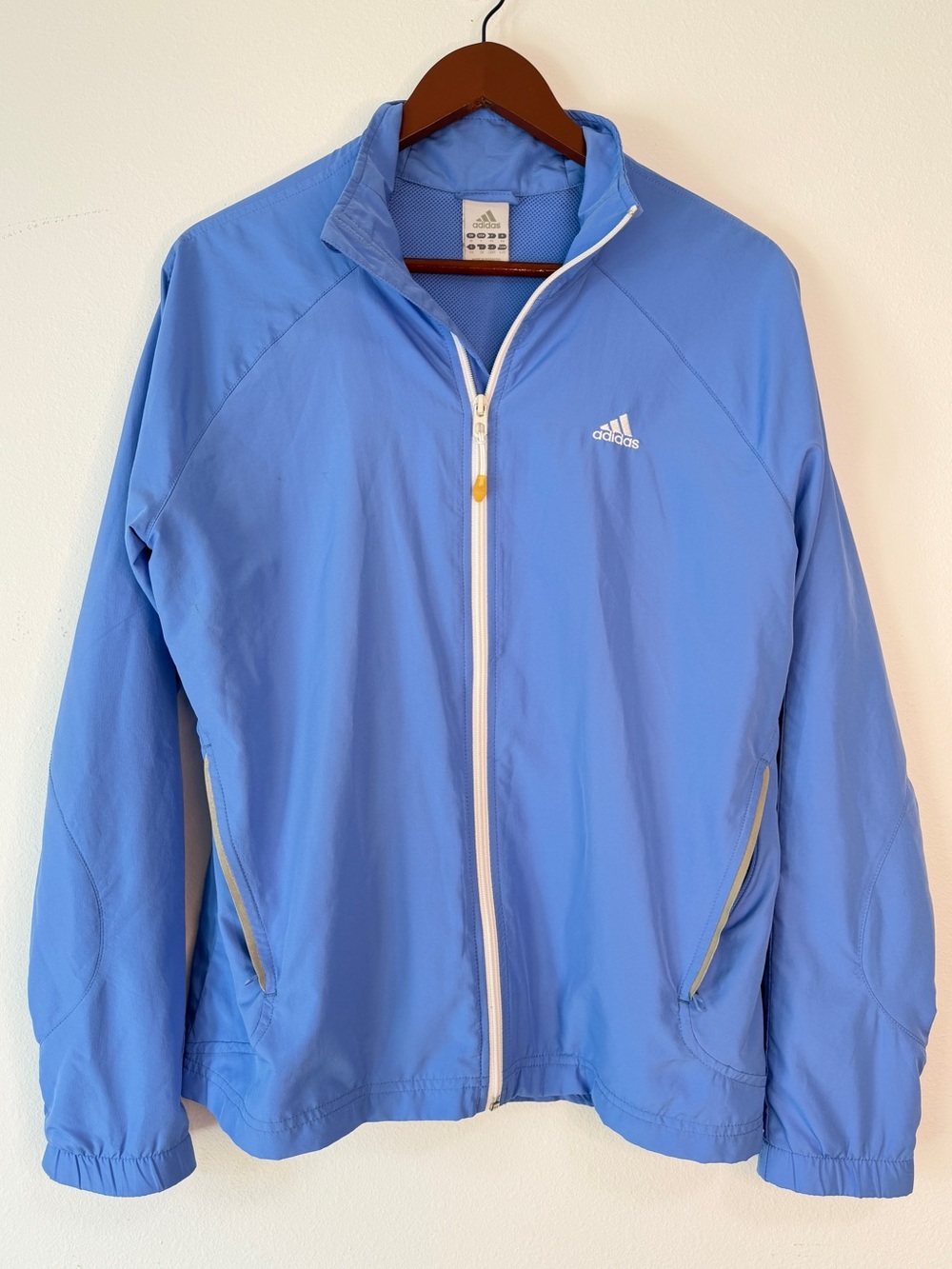 Y2K Adidas Blue Windbreaker Jacket Women Large‎ Zip Pockets 3 Stripes Ventilated